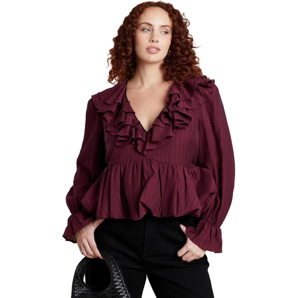 imageELOQUII Womens Plus Size Romantic Ruffle BlouseMaroon Banner