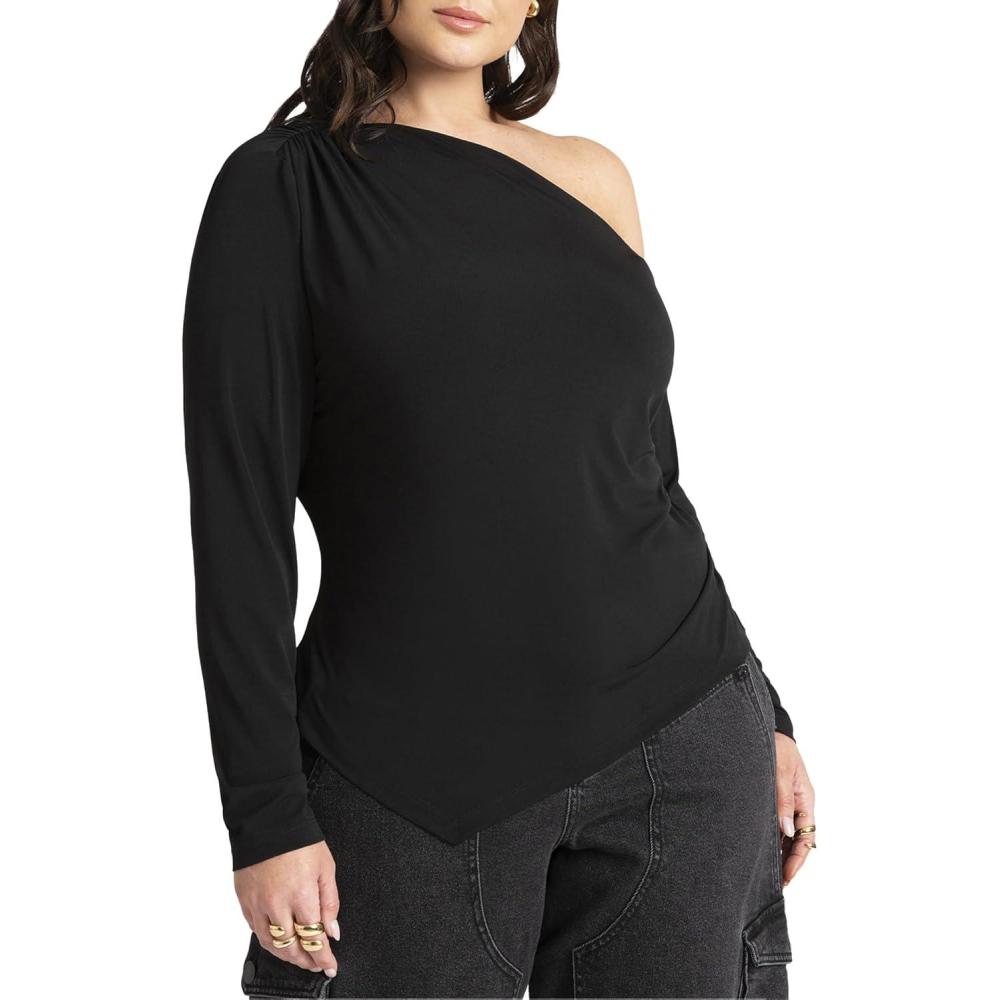 imageELOQUII Womens Plus Size Ruched One Shoulder Tee with Thumbhole SleeveBlack Onyx