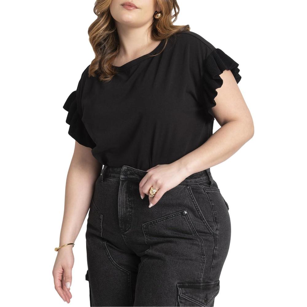 imageELOQUII Womens Plus Size Ruffle Sleeve TeeBlack