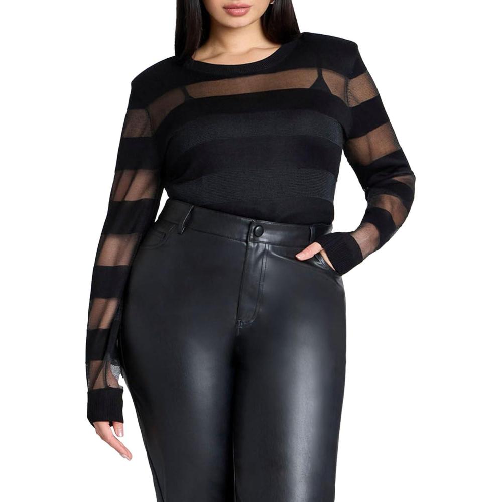 imageELOQUII Womens Plus Size Sheer Stripe Sweater with Shoulder PadBlack Onyx