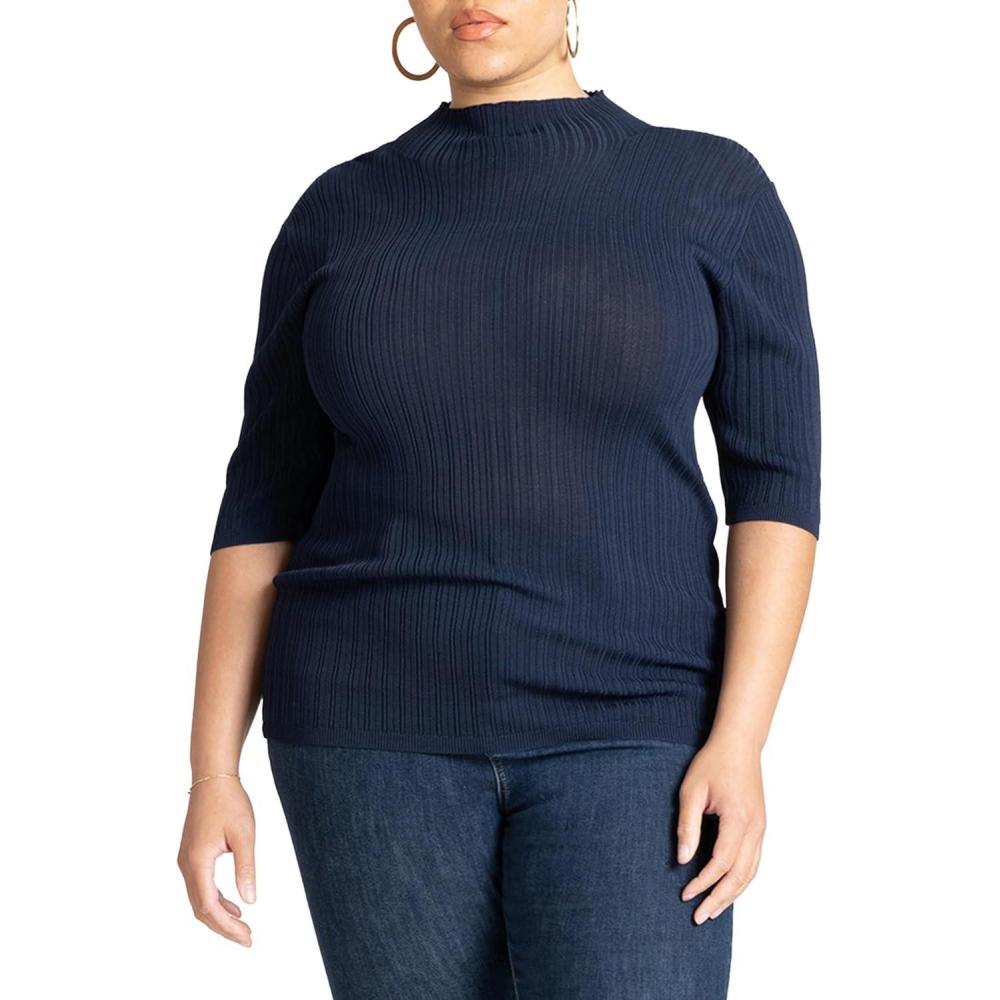 imageELOQUII Womens Plus Size Sleek Funnel Neck Elbow Sleeve SweaterNaval Blue