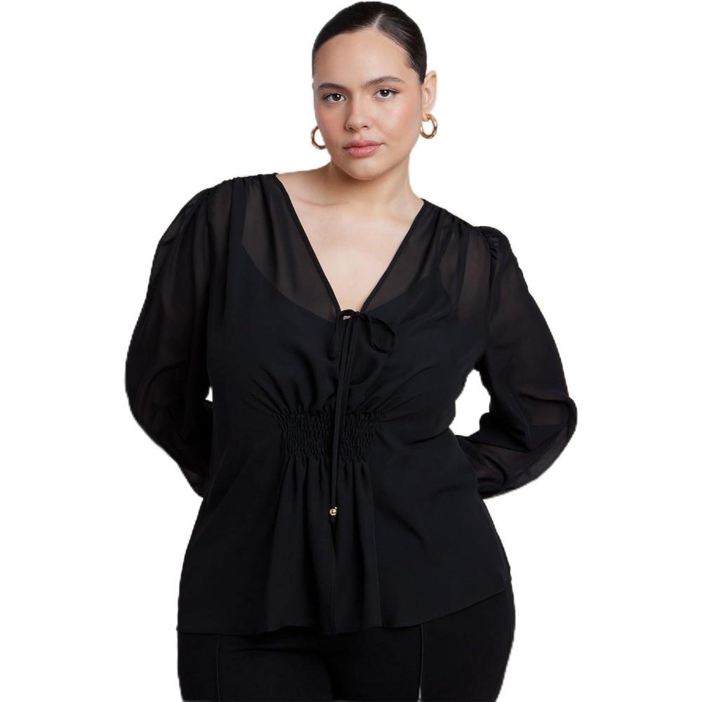 imageELOQUII Womens Plus Size Smocked Sheer BlouseBlack Onyx