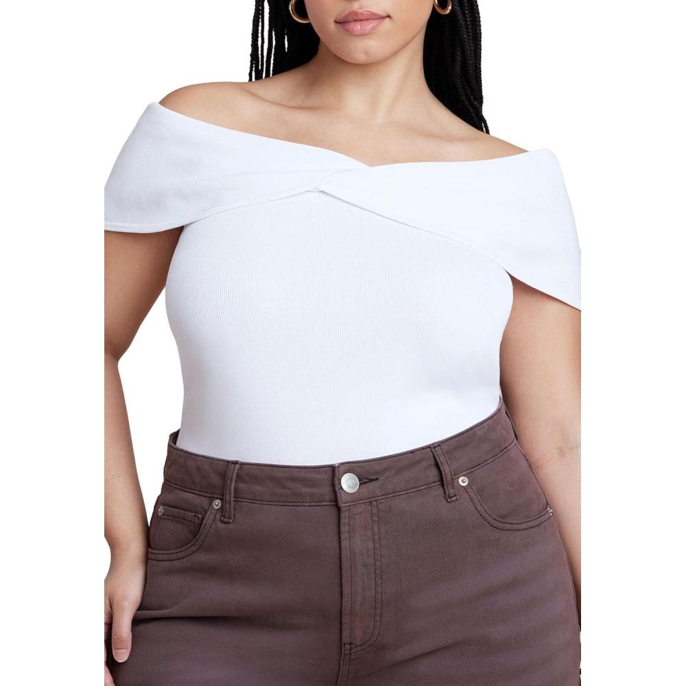 imageELOQUII Womens Plus Size Twisted Off The Shoulder SweaterWhite