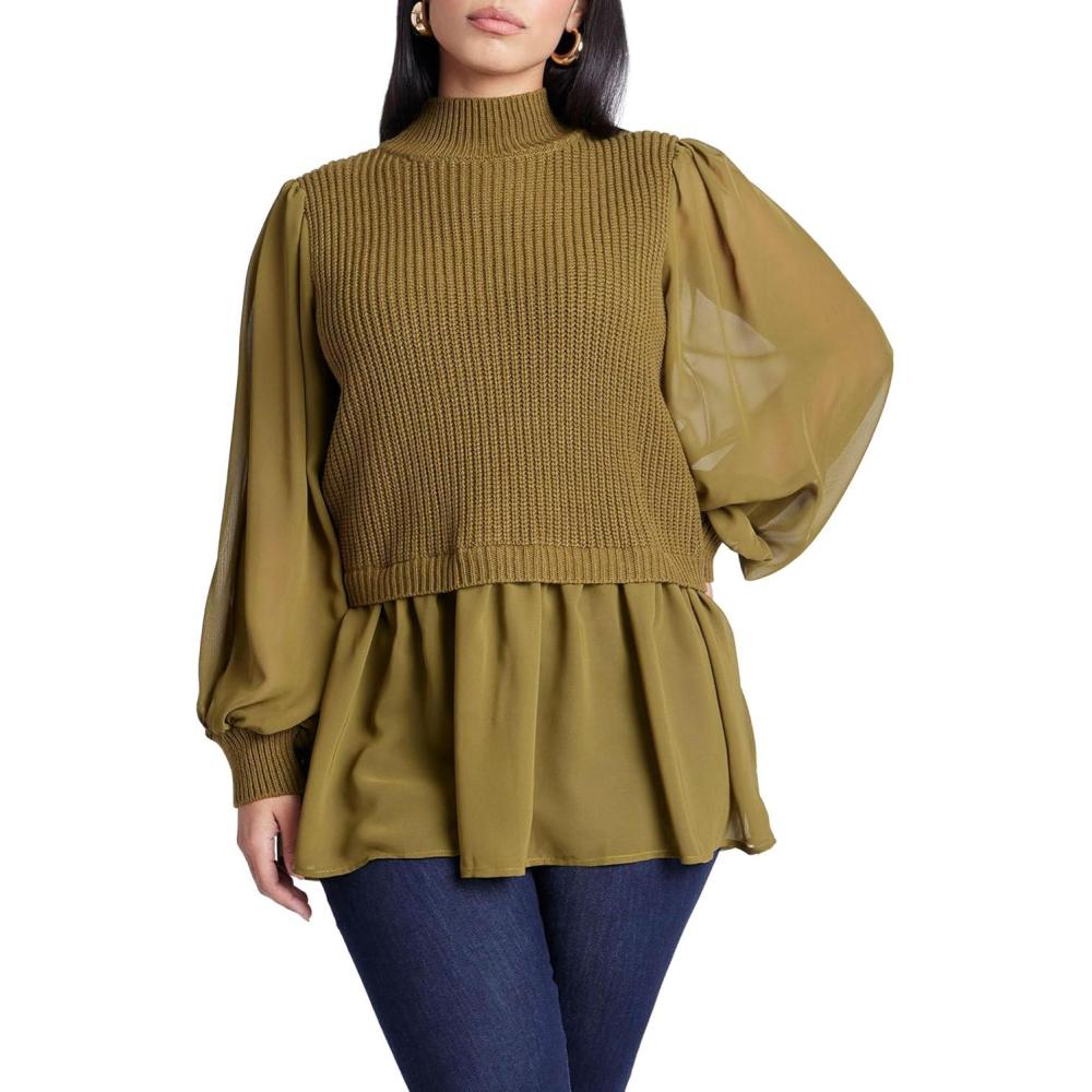 imageELOQUII Womens Plus Size Twofer Sweater with ChiffonFir Green