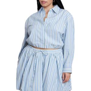 ELOQUII Women’s Plus Size Cropped Button Up Poplin Top(Pool Stripe)