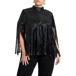 ELOQUII Women’s Plus Size Faux Leather Fringe Cape(Black Onyx)