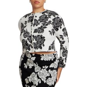 ELOQUII Women’s Plus Size Intarsia Cardigan(Black White Blossoms)