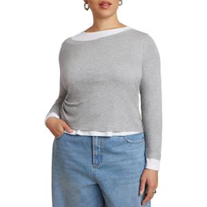 ELOQUII Women’s Plus Size Layered Long Sleeve Top(Heather Grey and White)