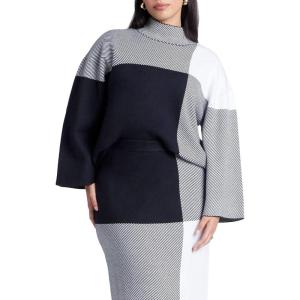 ELOQUII Women’s Plus Size Mock Neck Intarsia Sweater(Plaid Please)