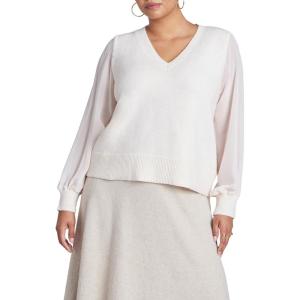 ELOQUII Women’s Plus Size Sheer Sleeve V-Neck Sweater(Buttercream)