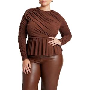 ELOQUII Women’s Plus Size Shirred Peplum Top(Potting Soil)