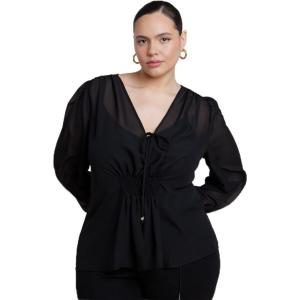 ELOQUII Women’s Plus Size Smocked Sheer Blouse(Black Onyx)