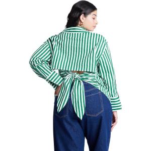 ELOQUII Women’s Plus Size Striped Tie Back Button Up Top(Green and White Stripe)