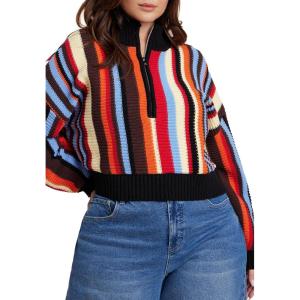 ELOQUII Women’s Plus Size Striped Zipper Front Pullover(Rainbow Stripe)