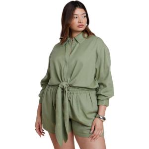 ELOQUII Women’s Plus Size Waist Tie Linen Button Up Shirt(Iguana)