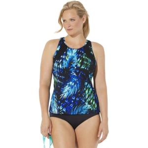Swimsuits For All Chlorine Resistant High Neck Racerback Tankini Set(Green Palm  Black)