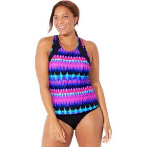 Swimsuits For All Chlorine Resistant High Neck Racerback Tankini Set(Pink Abstract  Black)