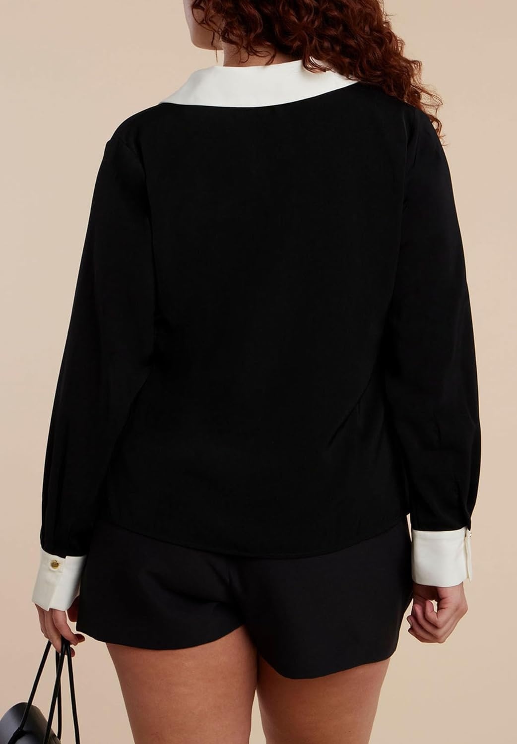 imageELOQUII Womens Plus Size Combo Collared Long Sleeve ShirtBlack and Cream