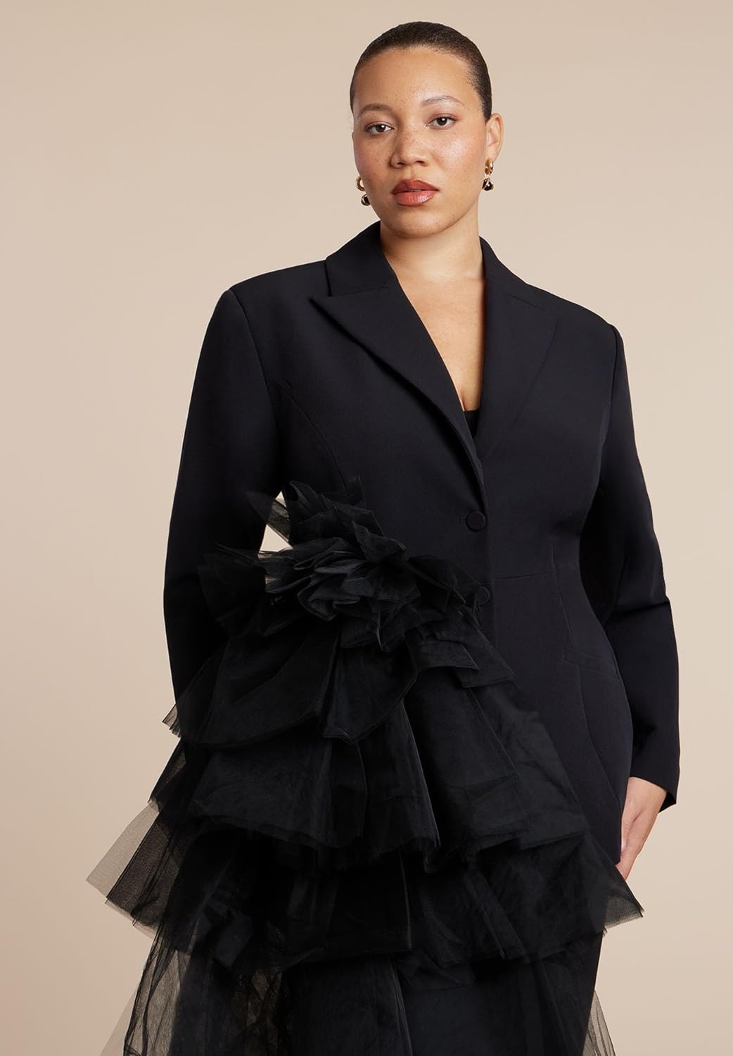 imageELOQUII Womens Plus Size Dramatic Tiered Tulle BlazerBlack Onyx