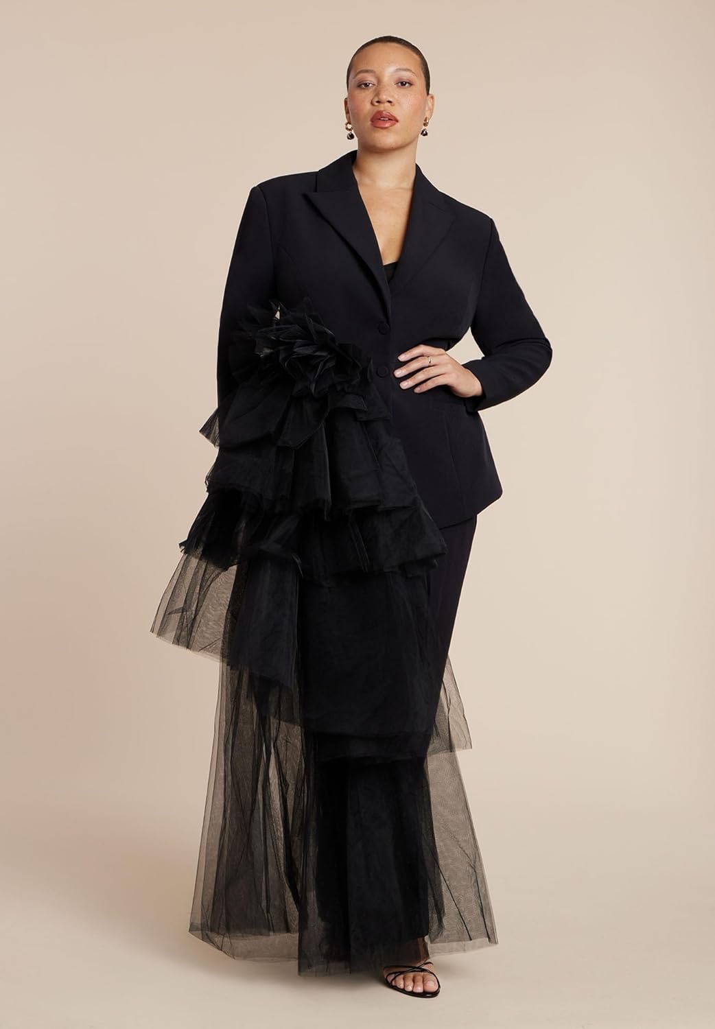 imageELOQUII Womens Plus Size Dramatic Tiered Tulle BlazerBlack Onyx