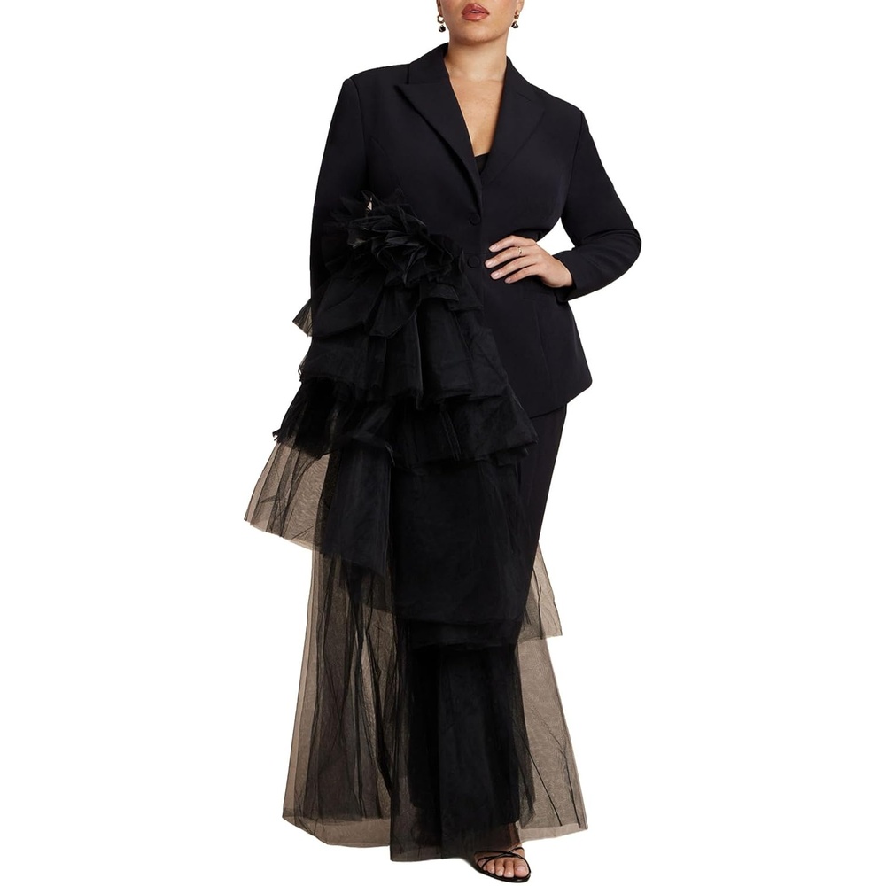 imageELOQUII Womens Plus Size Dramatic Tiered Tulle BlazerBlack Onyx