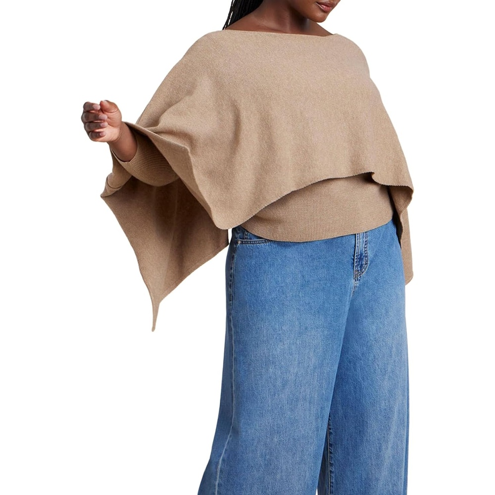 imageELOQUII Womens Plus Size Layered Cape SweaterWarm Cream
