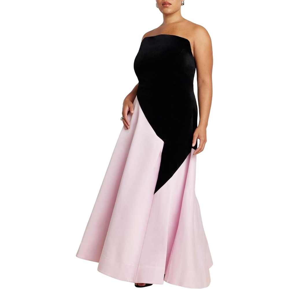image:imageELOQUII Womens Plus Size Asymmetrical Velvet Strapless GownBlack Onyx Cupcake Pink